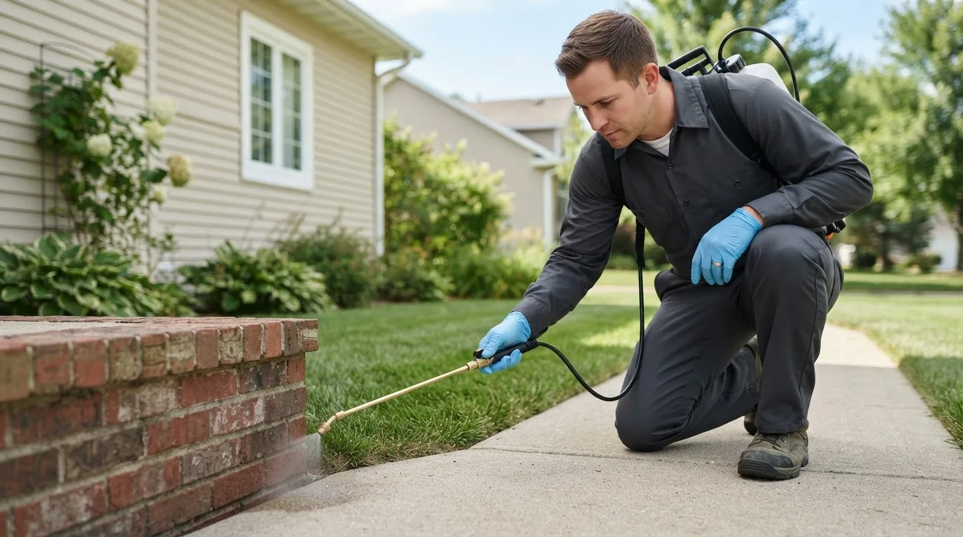 Pest control technician treating a home near Niotaze, KS